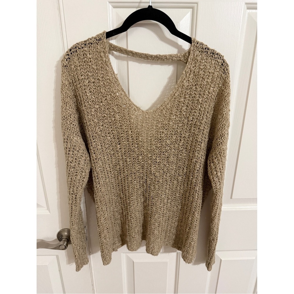 Dreamers Beige Open Knit V-Neck Twist Knot Open Back Sweater ST375 Large